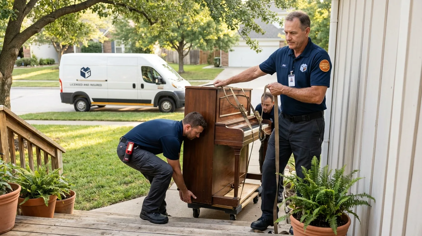 Licensed piano movers securing grand piano in Barnesville, OH