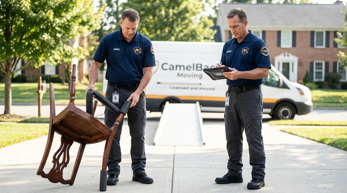 Movers inspecting furniture for damage prevention before loading in Barnesville, OH