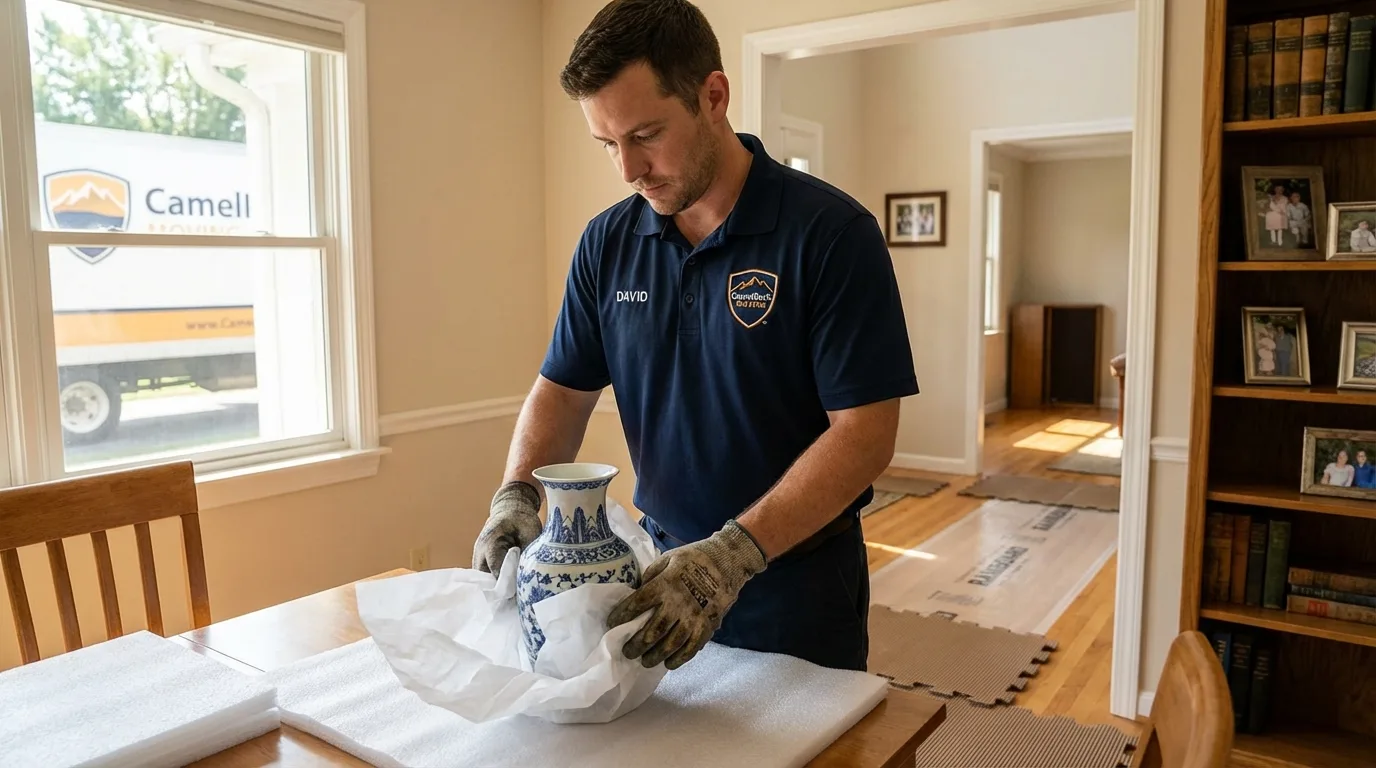 Professional crew carefully wrapping antique vase for senior downsizing move in Barnesville, OH